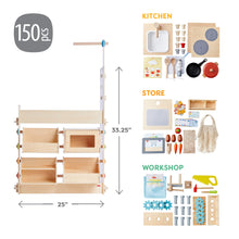 Load image into Gallery viewer, Wooden play kitchen set with various accessories and dimensions on a white background