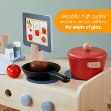 Load image into Gallery viewer, Wooden toy kitchen set with a red pot, black pan, and colorful card on a light blue background.