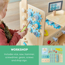 Load image into Gallery viewer, Child playing with a wooden workshop toy set, including gears and tools.