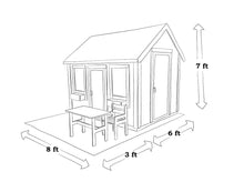 Load image into Gallery viewer, Measurement diagram of a 6x8 playhouse building with dimensions by WholeWoodPlayhouses