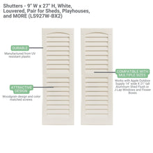 Load image into Gallery viewer, White shutters with text detailing features and compatibility on a white background