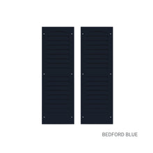Load image into Gallery viewer, Two black shutters labeled 'Bedford Blue' on a white background