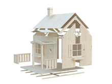 Load image into Gallery viewer, Illustration of the partially assembled DIY Playhouse Kit Little Cottage, showing wooden panel components including walls, roof, and terrace by WholeWoodPlayhouses
