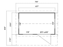 Load image into Gallery viewer, Floor plan of a playhouse measuring 7’6” by 6’2” with door and window placements shown.