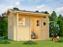 Load image into Gallery viewer, Outside of DIY wooden kids natural color playhouse Little Lodge with a small porch | DIY kids playhouse kits by WholeWoodPlayhouses