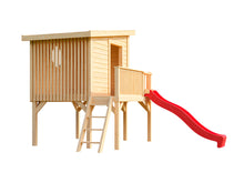 Load image into Gallery viewer, Wooden Outdoor Kids Playhouse Little Tower On Stilts With Stairs, Slide And a Terrace on White BackGround | DIY Kids Outdoor Playhouse Kits by WholeWoodPlayhouses