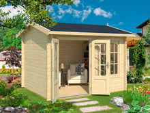 Load image into Gallery viewer, DIY Kit 8x10 Teen Spot playhouse in natural wood finish, featuring double glass doors, large windows, and a cozy interior design by WholeWoodPlayhouses