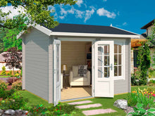 Load image into Gallery viewer, DIY Kit 8x10 Teen Spot playhouse painted in soft gray with white trim, showcasing double glass doors and a charming porch design by WholeWoodPlayhouses