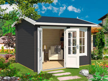 Load image into Gallery viewer, DIY Kit 8x10 Teen Spot playhouse in dark paint with white trim, featuring modern double doors and a spacious garden setting by WholeWoodPlayhouses