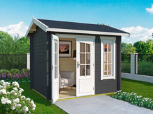 Load image into Gallery viewer, DIY Kit 8x7 Solo Hub playhouse painted in a modern dark gray with white trim, showcasing its versatile and stylish design for any backyard by WholeWoodPlayhouses