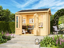 Load image into Gallery viewer, DIY Kit 8x7 Solo Hub playhouse used as a creative workspace with beauty salon setup, showcasing the interior's flexibility for various uses by WholeWoodPlayhouses