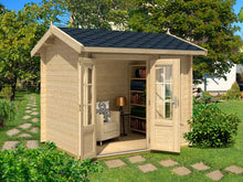 Load image into Gallery viewer, DIY Kit 8x7 Solo Hub playhouse in natural wood finish, featuring large glass doors and windows, perfect for a teen retreat or hobby space by WholeWoodPlayhouses