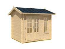 Load image into Gallery viewer, DIY Kit 8x7 Solo Hub playhouse in natural wood with glass doors and windows, offering a functional and elegant space on white background for teens or adults by WholeWoodPlayhouses