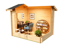 Load image into Gallery viewer, DIY Kit 8x7 Solo Hub interior view with a stylish vanity and product shelving, ideal for beauty or craft enthusiasts by WholeWoodPlayhouses