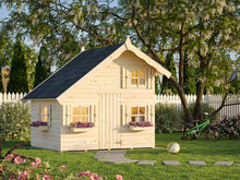 Load image into Gallery viewer, Front outside view of assembled wooden kids playhouse DIY Kit Little Clubhouse in natural color, outdoor playhouse DIY kit by WholeWoodPlayhouses