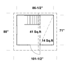 Load image into Gallery viewer, Playhouse floor plan showing 41 sq ft main area, 14 sq ft loft, with door and window placements labeled.