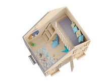 Load image into Gallery viewer, Aerial view of the Little Clubhouse playhouse interior with wooden loft and ladder, unfurnished and ready for customization by WholeWoodPlayhouses