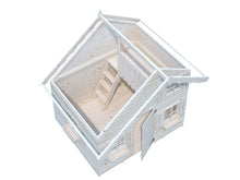 Load image into Gallery viewer, Top-down view of furnished Little Clubhouse playhouse with a loft bed, pillows, and toy shelves on a wooden floor by WholeWoodPlayhouses
