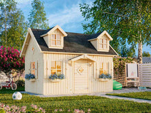 Load image into Gallery viewer, Exterior view of the assembled DIY Playhouse Kit Little Farmhouse with charming details and flower boxes under the windows by WholeWoodPlayhouses