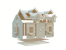 Load image into Gallery viewer, Exploded view of the DIY Playhouse Kit Little Farmhouse, displaying the individual wall, roof, and floor components by WholeWoodPlayhouses