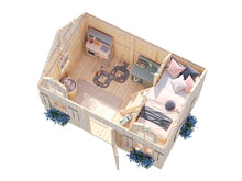 Load image into Gallery viewer, Top-down view of the DIY Playhouse Kit Little Farmhouse layout, showing the loft bed, play kitchen, and play area by WholeWoodPlayhouses