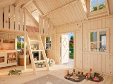 Load image into Gallery viewer, Interior view of the DIY Playhouse Kit Little Farmhouse, featuring a loft with ladder, play kitchen, and cozy play area by WholeWoodPlayhouses