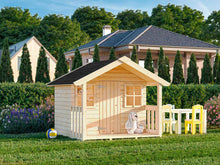 Load image into Gallery viewer, Charming wooden playhouse with a front porch and window, set in a lush backyard with colorful flowers and a kids' play table by WholeWoodPlayhouses