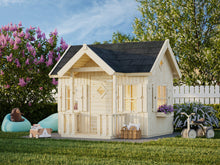 Load image into Gallery viewer, DIY wooden playhouse in backyard with flowers and toys – Little Residence model fully assembled by WholeWoodPlayhouses