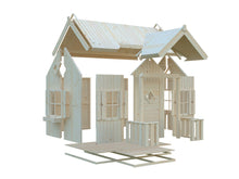 Load image into Gallery viewer, DIY assembly view of Little Residence playhouse kit with modular wood panels and roof sections by WholeWoodPlayhouses