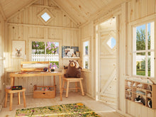 Load image into Gallery viewer, Interior of Little Residence wooden playhouse showing child-sized furniture, windows, and natural wood walls by WholeWoodPlayhouses