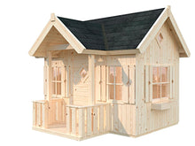 Load image into Gallery viewer, DIY playhouse Little Residence, view from right, walls inside and out in natural wood color, large windows and flower box under side window, dark shingle roof WholeWoodPlayhouses.