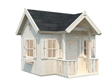 Load image into Gallery viewer, DIY playhouse Little Residence, view from left, walls inside and out in natural wood color, large windows and flower box under side window, dark shingle roof WholeWoodPlayhouses.