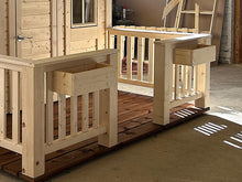 Load image into Gallery viewer, Wooden playhouse terrace with railings and flower boxes, inside of the worksop