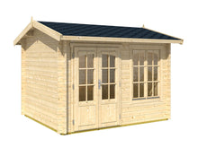 Load image into Gallery viewer, Front view of the DIY Kit 8x10 Teen Spot playhouse, highlighting its stylish double doors and large glass windows by WholeWoodPlayhouses