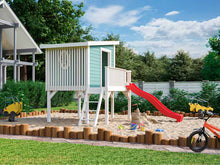 Load image into Gallery viewer, Wooden Outdoor Kids Light Green With White Posts and Railings Playhouse Little Tower On Stilts With Stairs, Slide And a Terrace Assembled to BackYard | DIY Kids Outdoor Playhouse Kits by WholeWoodPlayhouses