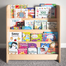 Load image into Gallery viewer, Wooden bookshelf with children's books on a carpeted floor