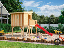 Load image into Gallery viewer, Wooden Outdoor Kids Natural Wooden Color Playhouse Little Tower On Stilts With Stairs, Slide And a Terrace Assembled to BackYard | DIY Kids Outdoor Playhouse Kits by WholeWoodPlayhouses