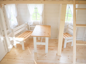 Kids Outdoor Wooden Playhouse Bluebird Inside View with Kids Furniture, White Walls and Windows by WholeWoodPlayhouses