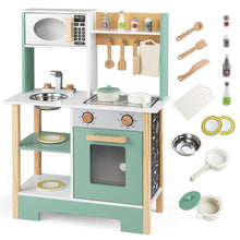 Load image into Gallery viewer, Wooden toy kitchen set with accessories on a white background