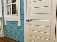 Load image into Gallery viewer, Close-up of a blue and white playhouse with a door, door handle and window by WholeWoodPlayhouses
