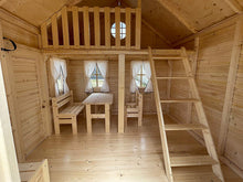 Load image into Gallery viewer, Kids playhouse Natural Wonder inside View, loft, stairs to lofr, kids furniture set and white curtains on windows by WholeWoodPlayhouses