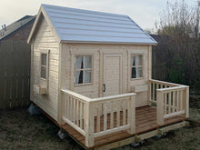 Load image into Gallery viewer, Easy Set Up Wooden Playhouse Natural Wonder in the backyard, View from left, showing three Windows with Flower Boxes by WholeWoodPlayhouses