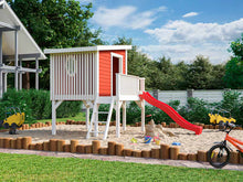Load image into Gallery viewer, Wooden Outdoor Kids Red With White Posts and Railings Playhouse Little Tower On Stilts With Stairs, Slide And a Terrace Assembled to BackYard | DIY Kids Outdoor Playhouse Kits by WholeWoodPlayhouses