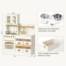 Load image into Gallery viewer, Children's play kitchen set with measurements and included cookware on a white background