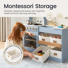 Load image into Gallery viewer, Child playing with a toy kitchen set featuring Montessori storage boxes.