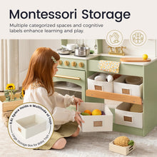 Load image into Gallery viewer, Montessori toy kitchen set with storage boxes and a child playing with it.