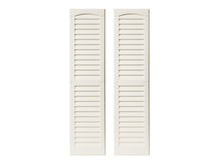 Load image into Gallery viewer, Pair of white wooden shutters on a white background
