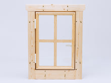 Load image into Gallery viewer, Rectangular wooden playhouse window with four glass panes and hinge-mounted frame for easy installation