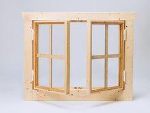 Load image into Gallery viewer, Wooden double half open window with frame and glass panes on a light gray background