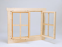 Load image into Gallery viewer, Wooden window frame with two open sections on a light gray background